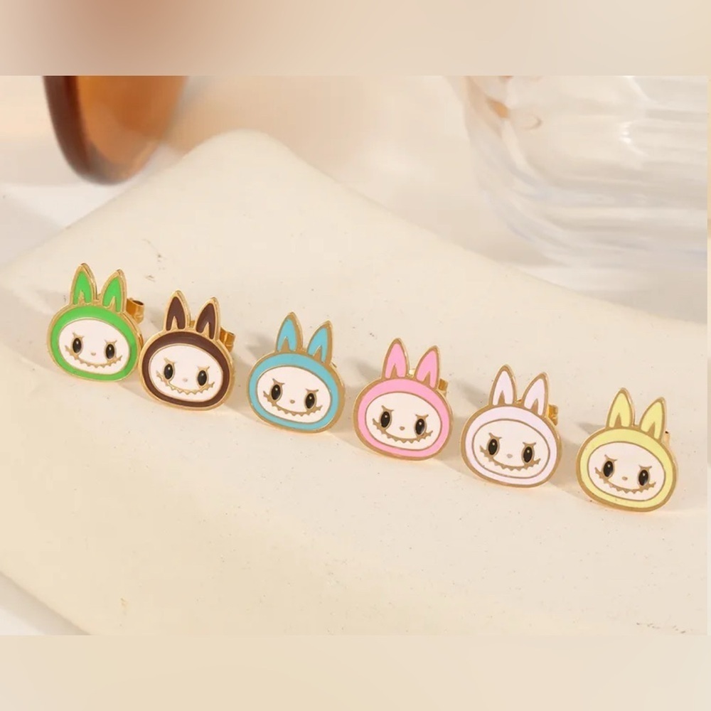 Labubu Inspired 14K Gold Monster Heads Theme Enameled Earrings Mismatched